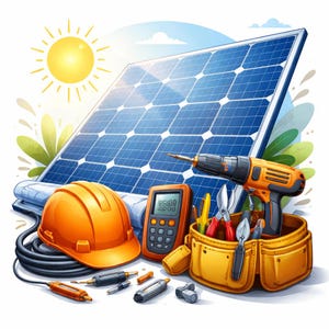 Puede incluir: Ilustración de herramientas y equipos para la instalación de paneles solares. Incluye un panel solar, un casco naranja, un taladro, un multímetro y un cinturón de herramientas amarillo con varias herramientas. Un sol brillante brilla en el fondo.