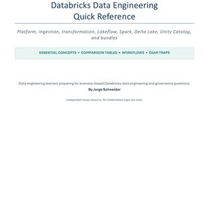 May include: A white document titled Databricks Data Engineering Quick Reference. It lists topics including platform, ingestion, transformation, Lakeflow, Spark, Delta Lake, Unity Catalog, and bundles. It includes a section for essential concepts, comparison tables, workflows, and exam traps, authored by Jorge Schneider.