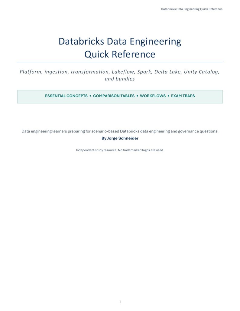May include: A white document titled Databricks Data Engineering Quick Reference. It lists topics including platform, ingestion, transformation, Lakeflow, Spark, Delta Lake, Unity Catalog, and bundles. It includes a section for essential concepts, comparison tables, workflows, and exam traps, authored by Jorge Schneider.