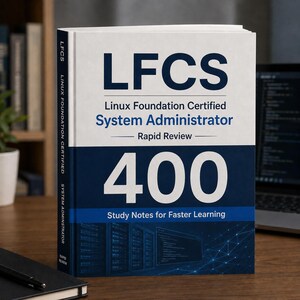 Może przedstawiać: Biało-granatowa książka zatytułowana LFCS Linux Foundation Certified System Administrator Rapid Review 400 Study Notes for Faster Learning. Okładka zawiera duże białe cyfry 400 oraz grafikę przedstawiającą serwery i kod komputerowy.