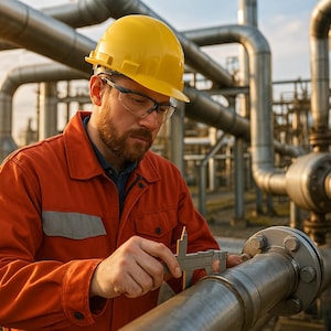 May include: A worker in an orange jumpsuit and yellow hard hat uses calipers to measure a metal pipe in an industrial setting. The background features numerous pipes and valves, suggesting a refinery or processing plant.