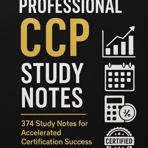 Puede incluir: Un gráfico en blanco y negro con el texto "CERTIFIED COST PROFESSIONAL CCP STUDY NOTES 374 Study Notes for Accelerated Certification Success". El gráfico también incluye iconos de un gráfico de barras, un calendario, una calculadora y un sello en forma de estrella con el texto "CERTIFIED". Un casco amarillo se encuentra en la parte inferior del gráfico.