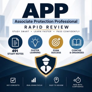 May include: An educational graphic for the Associate Protection Professional APP Rapid Review. It features text including 491 Study Notes, Faster Learning, Exam Success, and Concise & Organized, with icons of a document, lightbulb, target, and book.