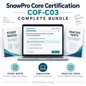 Pode incluir: Um pacote completo de certificação SnowPro Core COF-C03 com um laptop exibindo um exame prático, ladeado por livretos de notas de estudo e testes. A tela mostra uma questão de múltipla escolha sobre os benefícios de plataformas de dados.