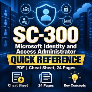 May include: A digital study guide titled SC-300 Microsoft Identity and Access Administrator Quick Reference. The blue graphic features a shield icon, user symbols, a lock, and a lightbulb. It specifies a 24-page PDF cheat sheet for key concepts.