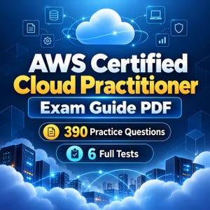 以下が含まれることがあります： AWS Certified Cloud Practitioner試験ガイドPDFのデジタル画像。テキストにはAWS Certified Cloud Practitioner Exam Guide PDF、390 Practice Questions、6 Full Testsと記載されています。雲のアイコンとサーバータワーが描かれています。