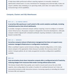 May include: A document containing technical notes on data infrastructure. Note 1.03 discusses predictive optimisation for Unity Catalog. Note 1.04 covers serverless SQL warehouses. Note 1.05 details serverless compute limitations. Note 1.06 explains auto-termination.