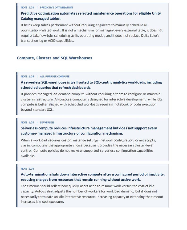 May include: A document containing technical notes on data infrastructure. Note 1.03 discusses predictive optimisation for Unity Catalog. Note 1.04 covers serverless SQL warehouses. Note 1.05 details serverless compute limitations. Note 1.06 explains auto-termination.