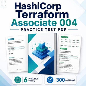 Peut inclure: Une couverture de livre PDF de test pratique HashiCorp Terraform Associate 004 avec une pile centrale de blocs géométriques bleus et sarcelle. L'image montre deux pages ouvertes présentant des questions à choix multiples et des réponses.
