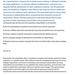 Pode incluir: Uma p&aacute;gina de um livro did&aacute;tico com uma pergunta e resposta sobre o uso de subm&oacute;dulos Git para gerenciar arquivos compartilhados em um aplicativo grande. A resposta explica que os subm&oacute;dulos Git permitem que um reposit&oacute;rio inclua e rastreie o conte&uacute;do de outro reposit&oacute;rio em um commit espec&iacute;fico. Esse m&eacute;todo &eacute; ideal para gerenciar recursos compartilhados em v&aacute;rios reposit&oacute;rios, pois garante a consist&ecirc;ncia e minimiza o esfor&ccedil;o manual.