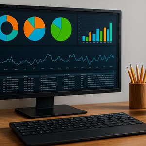 May include: A computer monitor displays data visualizations, including pie charts and bar graphs, with a black keyboard in the foreground. A wooden pencil holder with pencils and a black mug sit to the right on a wooden desk.