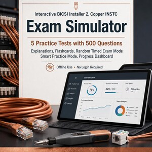 May include: A tablet displaying an exam simulator dashboard with performance charts, positioned in front of a sign for the interactive BICSI Installer 2, Copper INSTC Exam Simulator. Includes copper cables, a punch down tool, and a network jack.