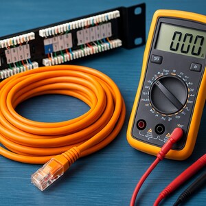 May include: An orange Ethernet cable coiled next to a yellow multimeter with red and black probes. A black patch panel with multiple ports and a blue Ethernet cable are also present, all on a blue surface.
