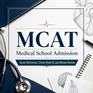 Könnte beinhalten: Ein weißes Dokument mit dem Titel MCAT Medical School Admission und dunkelblauem Rand, das ein Stethoskop, einen Bleistift, einen Spiralblock sowie anatomische Skizzen von Herz, Gehirn und Hand zeigt. Der Text lautet Quick Reference, Cheat Sheet & Last Minute Review.
