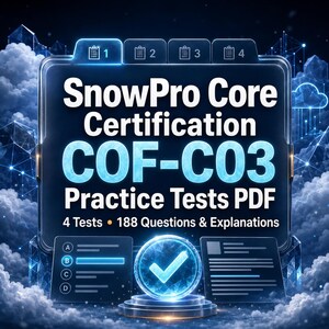 May include: A digital graphic featuring the text SnowPro Core Certification COF-C03 Practice Tests PDF, 4 Tests, 188 Questions & Explanations. The design includes a glowing blue interface with a checkmark icon and multiple-choice question elements.