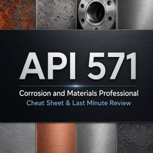 May include: A rectangular graphic featuring the text API 571 Corrosion and Materials Professional Cheat Sheet & Last Minute Review. The background displays a collage of various metal textures including rusted, brushed, and industrial steel surfaces.