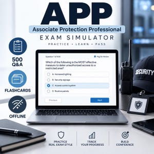 May include: A laptop displaying an APP Associate Protection Professional exam simulator with a multiple-choice question. Features include 500 Q&A, flashcards, offline access, a black security cap, a two-way radio, and a badge with a shield icon.