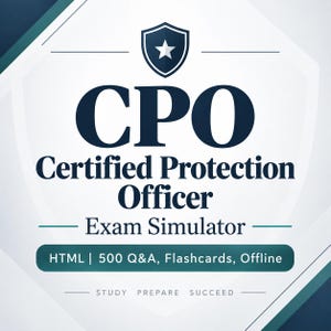 May include: A graphic design featuring the text CPO Certified Protection Officer Exam Simulator with a shield icon containing a star. Below, a dark teal bar displays HTML | 500 Q&A, Flashcards, Offline. The bottom text reads STUDY PREPARE SUCCEED.