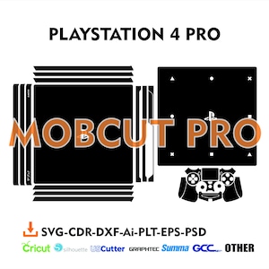 Puede incluir: Una ilustración digital en blanco y negro de una consola PlayStation 4 Pro con el texto "MOBCUT PRO" en naranja. La imagen incluye una variedad de formatos de archivo para cortar y manualidades, incluidos SVG, CDR, DXF, Ai, PLT, EPS y PSD.