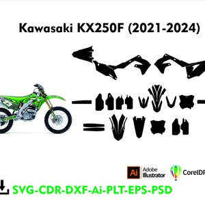 Op de afbeelding: Een groene en zwarte Kawasaki KX250F motorfiets met zwarte grafische stickers. De afbeelding bevat de tekst "Kawasaki KX250F (2021-2024)" en bestandstype opties: SVG, CDR, DXF, Ai, PLT, EPS en PSD.