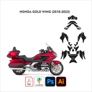 Könnte beinhalten: Ein rotes Honda Gold Wing Motorrad, Modelljahre 2018-2023, mit schwarzem Sitz und silbernen Akzenten. Das Bild enthält auch eine Reihe schwarzer Aufkleber und Symbole für PDF, CorelDRAW, Photoshop und Illustrator.