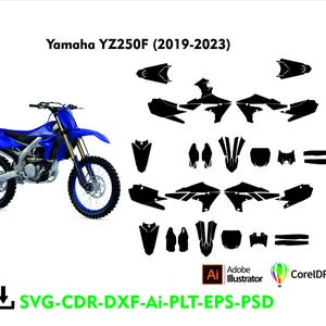Könnte beinhalten: Ein blau-goldenes Yamaha YZ250F Motorrad mit schwarzen Aufklebern und dem Text "Yamaha YZ250F (2019-2023)". Das Bild enthält auch Vektorgrafiken und Softwarelogos für Adobe Illustrator und CorelDRAW.