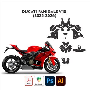 May include: A red Ducati Panigale V4S motorcycle with black accents, displayed alongside a set of black decals. The image includes the text "Ducati Panigale V4S (2025-2026)" and icons for PDF, CorelDRAW, Photoshop, and Illustrator.
