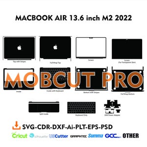 May include: A black and white diagram showing different ways to apply a skin to a 13.6 inch Macbook Air M2 2022. The diagram shows the different parts of the laptop that can be covered with a skin, including the top, bottom, inside, and screen. The diagram also includes the text "MOBCUT PRO".