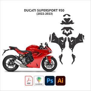 May include: A red Ducati Supersport 950 motorcycle, model years 2022-2023, is shown from the side. Next to it are black decals. Below are icons for PDF, CorelDRAW, Photoshop, and Adobe Illustrator.