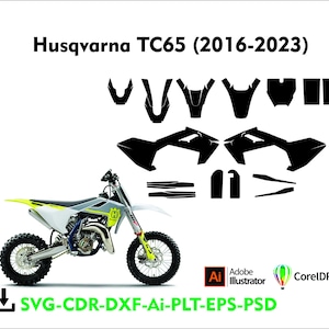 May include: A Husqvarna TC65 (2016-2023) motorcycle in white, grey, and yellow. The image shows a side view of the motorcycle and black graphic templates. Text includes "Husqvarna TC65 (2016-2023)" and file type information.
