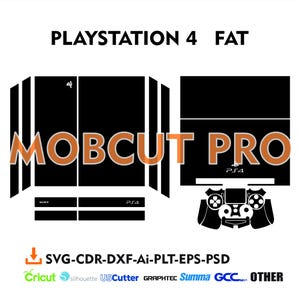 Puede incluir: Una ilustración digital en blanco y negro de un diseño de piel para consola PlayStation 4 con el texto "MOBCUT PRO" en naranja. El diseño incluye un mando y el texto "PS4".