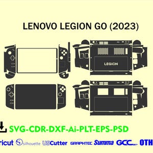 Puede incluir: Ilustración digital de un dispositivo de juego portátil Lenovo Legion Go (2023), mostrado en múltiples vistas. La imagen incluye el texto "LENOVO LEGION GO (2023)" e información del tipo de archivo: "SVG-CDR-DXF-Ai-PLT-EPS-PSD".