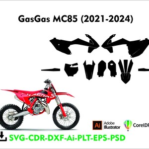May include: A red and silver GasGas MC85 motorbike with black graphic elements. The image includes the text "GasGas MC85 (2021-2024)" and file type icons for Adobe Illustrator and CorelDRAW.