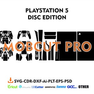 May include: A digital download of a PlayStation 5 console skin design in black and white. The design includes the PlayStation logo and controller icons. The design is compatible with Cricut, Silhouette, US Cutter, Graphtec, Summa, GCC, and other cutting machines. The design is available in SVG, CDR, DXF, AI, PLT, EPS, and PSD formats.