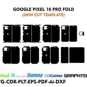 Puede incluir: Plantillas de corte de piel negras para un teléfono Google Pixel 10 Pro Fold. La imagen incluye múltiples contornos de teléfono, con el texto "GOOGLE PIXEL 10 PRO FOLD (SKIN CUT TEMPLATE)" y varias opciones de formato de archivo.
