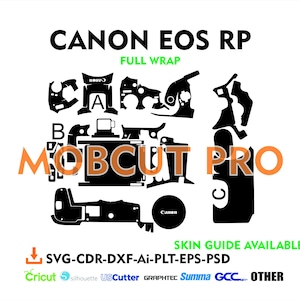 Könnte beinhalten: Schwarzweißes digitales Kameraskin-Template für eine Canon EOS RP Kamera. Die Vorlage enthält alle Teile, die benötigt werden, um den gesamten Kamerakörper abzudecken. Die Vorlage ist mit den Buchstaben A, B und C beschriftet, um die Platzierung zu erleichtern. Der Text "MOBCUT PRO" ist in Orange auf der Vorlage gedruckt.