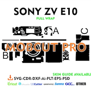 Può includere: Un design di skin per fotocamera digitale in bianco e nero per la fotocamera Sony ZV E10. Il design include il testo "MOB CUT PRO" e il nome del modello della fotocamera "SONY ZV E10". La decalcomania è disponibile nei formati SVG, CDR, DXF, AI, PLT, EPS e PSD. Il design è compatibile con le macchine da taglio Cricut, Silhouette, US Cutter, Graphtec, Summa, GCC e altre.