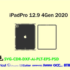 May include: Black iPad Pro 12.9 4Gen 2020 design with the Apple logo, next to a frame outline. The image includes the text "iPadPro 12.9 4Gen 2020" and file format options: SVG, CDR, DXF, Ai, PLT, EPS, PSD. Compatible with Cricut, Silhouette, and other cutting machines.