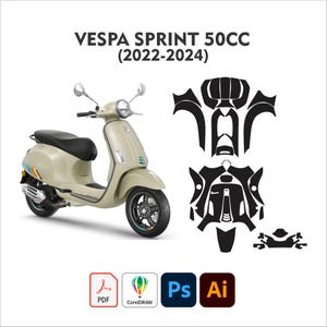 Op de afbeelding: Een beige Vespa Sprint 50cc scooter (2022-2024) met zwarte banden en zitting. De afbeelding bevat ook een set zwarte stickers en pictogrammen voor PDF, CorelDRAW, Photoshop en Adobe Illustrator.