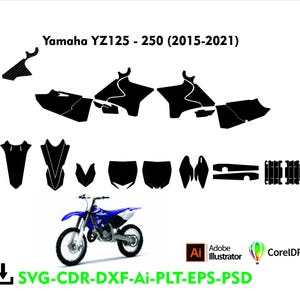 Könnte beinhalten: Grafikdesign für ein Yamaha YZ125-250 Motorrad, Modelljahre 2015-2021. Das Design umfasst schwarze Ausschnitte, ein blau-weißes Motorrad und den Text "SVG-CDR-DXF-Ai-PLT-EPS-PSD".