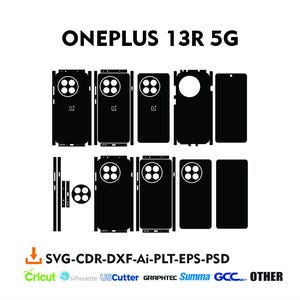 Puede incluir: Una ilustración digital en blanco y negro de una plantilla de funda de teléfono para el teléfono OnePlus 13R 5G. La plantilla incluye todas las diferentes partes de la funda del teléfono, incluyendo la parte delantera, la trasera y los laterales. La plantilla está diseñada para ser utilizada con una variedad de máquinas de corte, incluyendo Cricut, Silhouette, US Cutter, Graphtec, Summa, GCC y otras máquinas de corte.