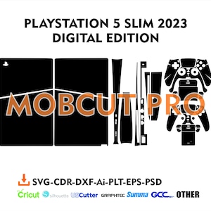 May include: A black and white digital edition PlayStation 5 Slim 2023 console skin decal. The decal includes a design for the console, controller, and other parts. The decal is compatible with Cricut, Silhouette, US Cutter, Graphtec, Summa, GCC, and other cutting machines.