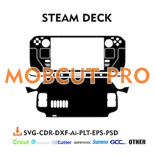 May include: Black and white graphic of a Steam Deck, with the text "STEAM DECK" above and "MOBCUT PRO" in orange across the device. Below, it lists file formats: SVG, CDR, DXF, AI, PLT, EPS, PSD, and compatible cutting machine brands.