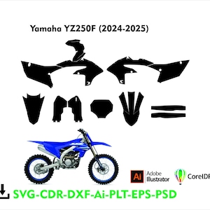 Könnte beinhalten: Ein blau-weißes Yamaha YZ250F Dirtbike mit schwarzen Aufklebern. Das Bild enthält ein Diagramm schwarzer Aufkleber und den Text "Yamaha YZ250F (2024-2025)" und "SVG-CDR-DXF-Ai-PLT-EPS-PSD".