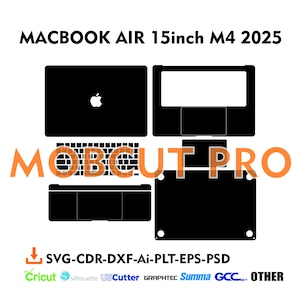 May include: A digital cut file design for a 15-inch Macbook Air M4 2025. The design includes the laptop, keyboard, and trackpad. The design is available in SVG, CDR, DXF, AI, PLT, EPS, and PSD formats. The design is compatible with Cricut, Silhouette, US Cutter, Graphtec, Summa, GCC, and other cutting machines.