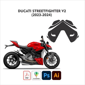 May include: A red Ducati Streetfighter V2 motorcycle (2023-2024) is displayed on a white background. The image includes a black graphic and icons for PDF, CorelDRAW, Photoshop, and Adobe Illustrator.
