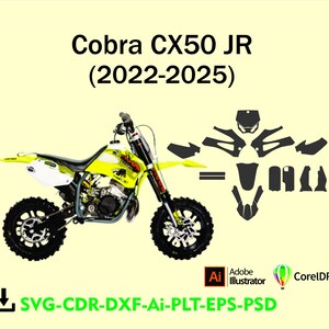 Op de afbeelding: Een gele en zwarte Cobra CX50 JR (2022-2025) mini-crossmotor met een set zwarte stickers. De afbeelding bevat ook de bestandstypen: SVG, CDR, DXF, Ai, PLT, EPS en PSD.