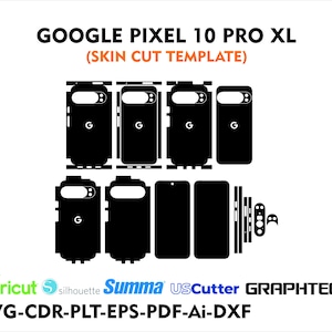 Op de afbeelding: Zwarte skin cut template voor Google Pixel 10 Pro XL telefoons. De sjabloon bevat contouren voor de voor-, achter- en zijkanten van de telefoon, met uitsparingen voor de camera en het logo. De tekst "GOOGLE PIXEL 10 PRO XL" en "(SKIN CUT TEMPLATE)" staan bovenaan.