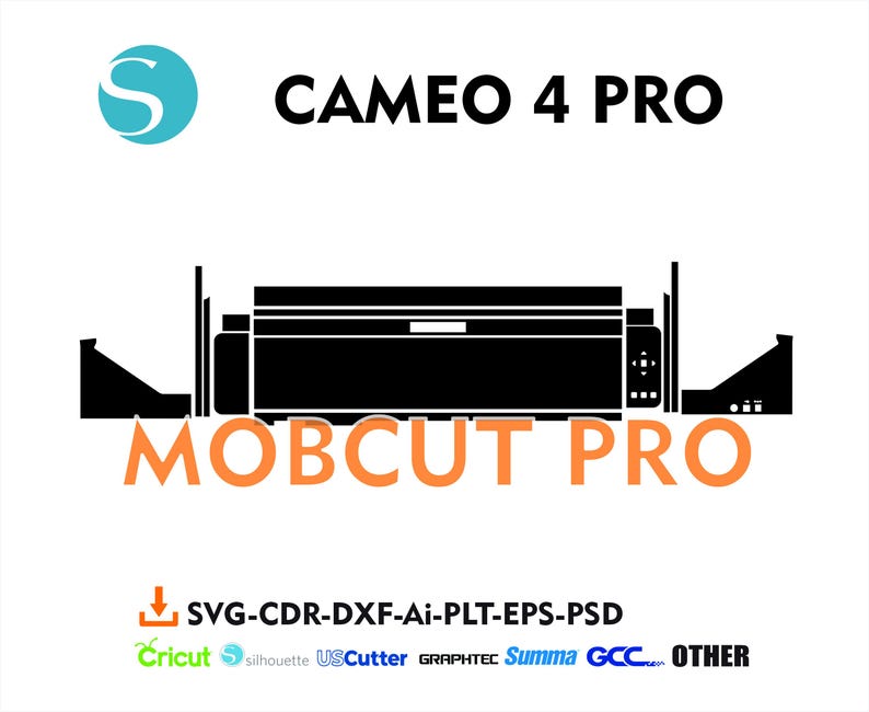 Puede incluir: Silueta en blanco y negro de una m&aacute;quina de corte CAMEO 4 PRO con el texto "MOBCUT PRO" debajo. La imagen tambi&eacute;n incluye logotipos de Cricut, Silhouette, US Cutter, Graphtec, Summa, GCC y Other.