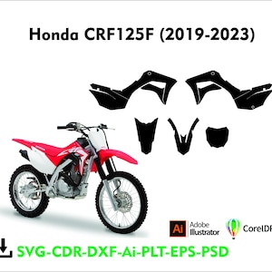 May include: A red and white Honda CRF125F motorcycle with black accents, and a set of black motorcycle parts. The text "Honda CRF125F (2019-2023)" is displayed above the motorcycle. Below the motorcycle is the text "SVG-CDR-DXF-Ai-PLT-EPS-PSD".
